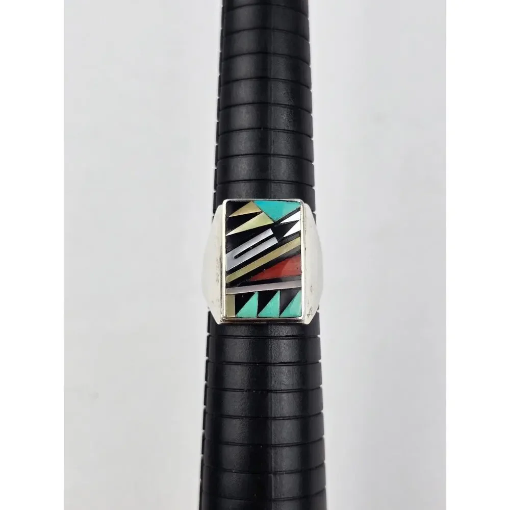 Zuni Bowannie Men's Sterling Inlay Signet Ring size 11 Turquoise Coral Shell